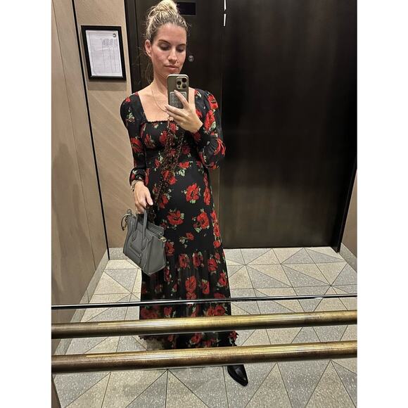 RIXO Black Red Poppy Floral Flowy Airy Yas Midi Dress size Medium - Picture 15 of 16